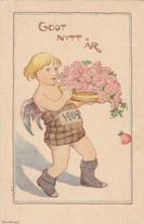 GODT NYTT ÅR 1909 - liten ängel med rosenskål och yllesockor